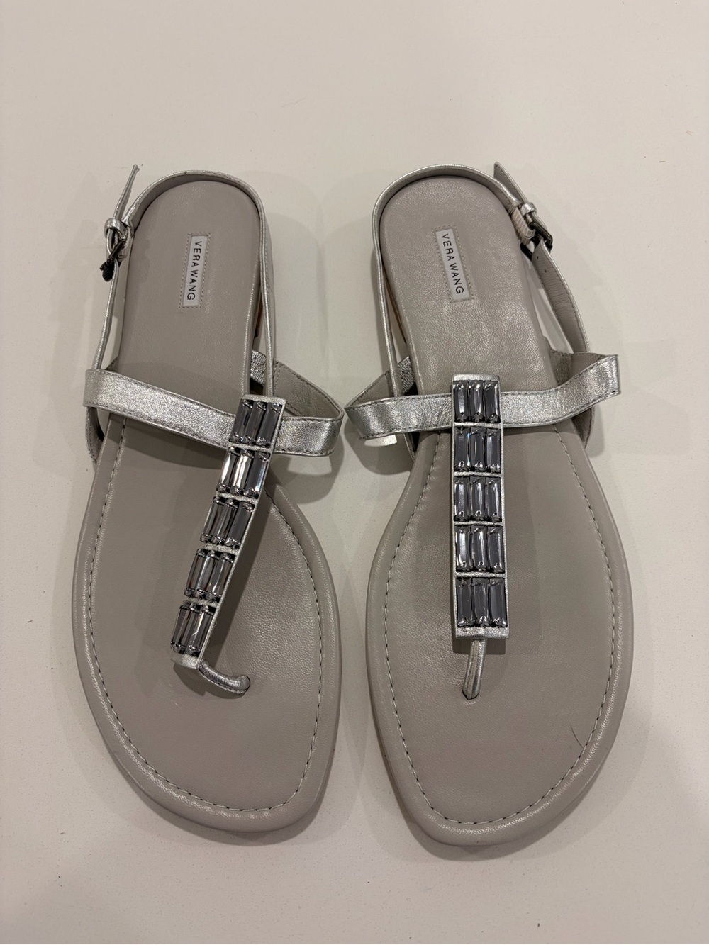 Vera Wang Silver Jeweled T-Strap Sandals